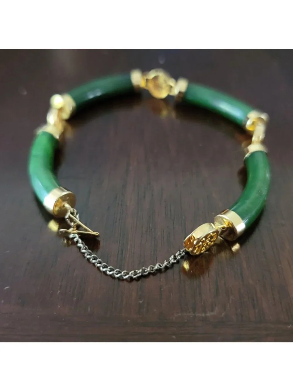 Vintage Chinoiserie Jade and Gold Tone Link Bracelet 8